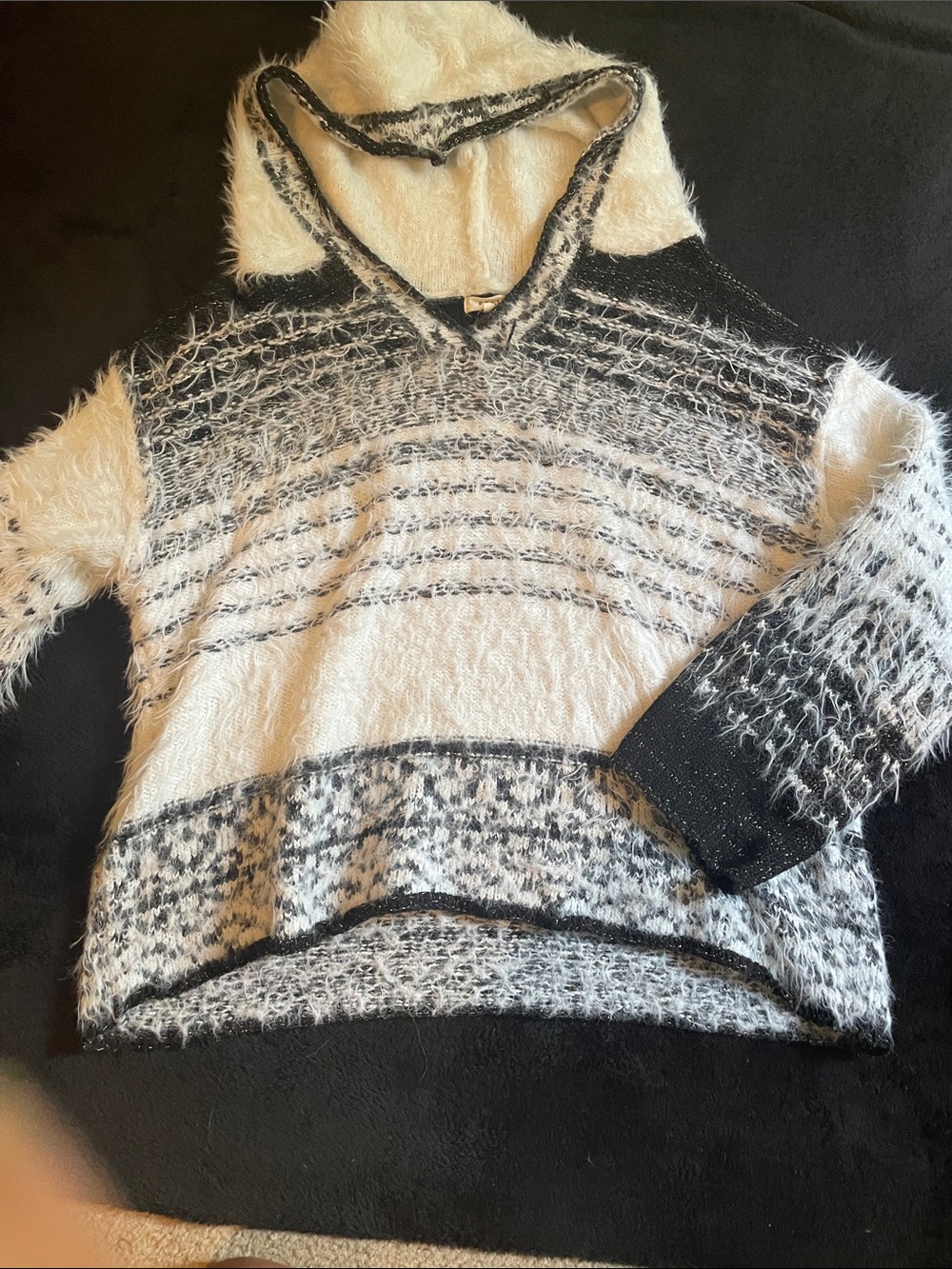 Fuzzy Black & White Hooded Cowl Sweater